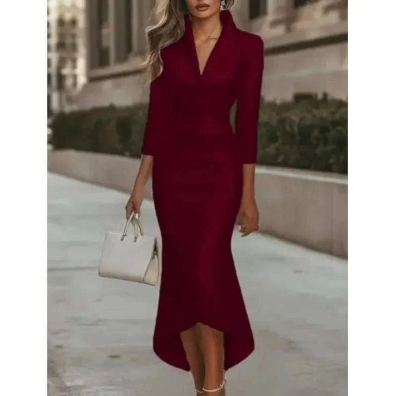 elegant-high-end-commuter-dress-2025-autumn-simple-grand-solid-color-v-neck-cinched-waist-long-sleeved-ankle-length-long-dresskimlud-womens-fashion-34619468
