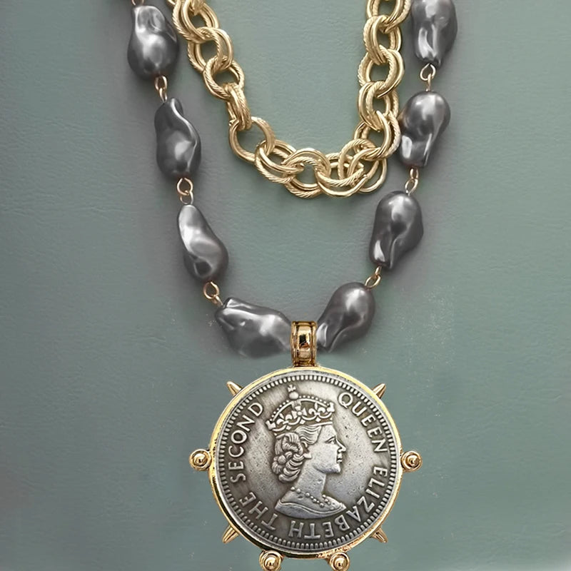 Choker Necklace - Coin Charm Pendant - Cubic Zirconia - Grey | KIMLUD