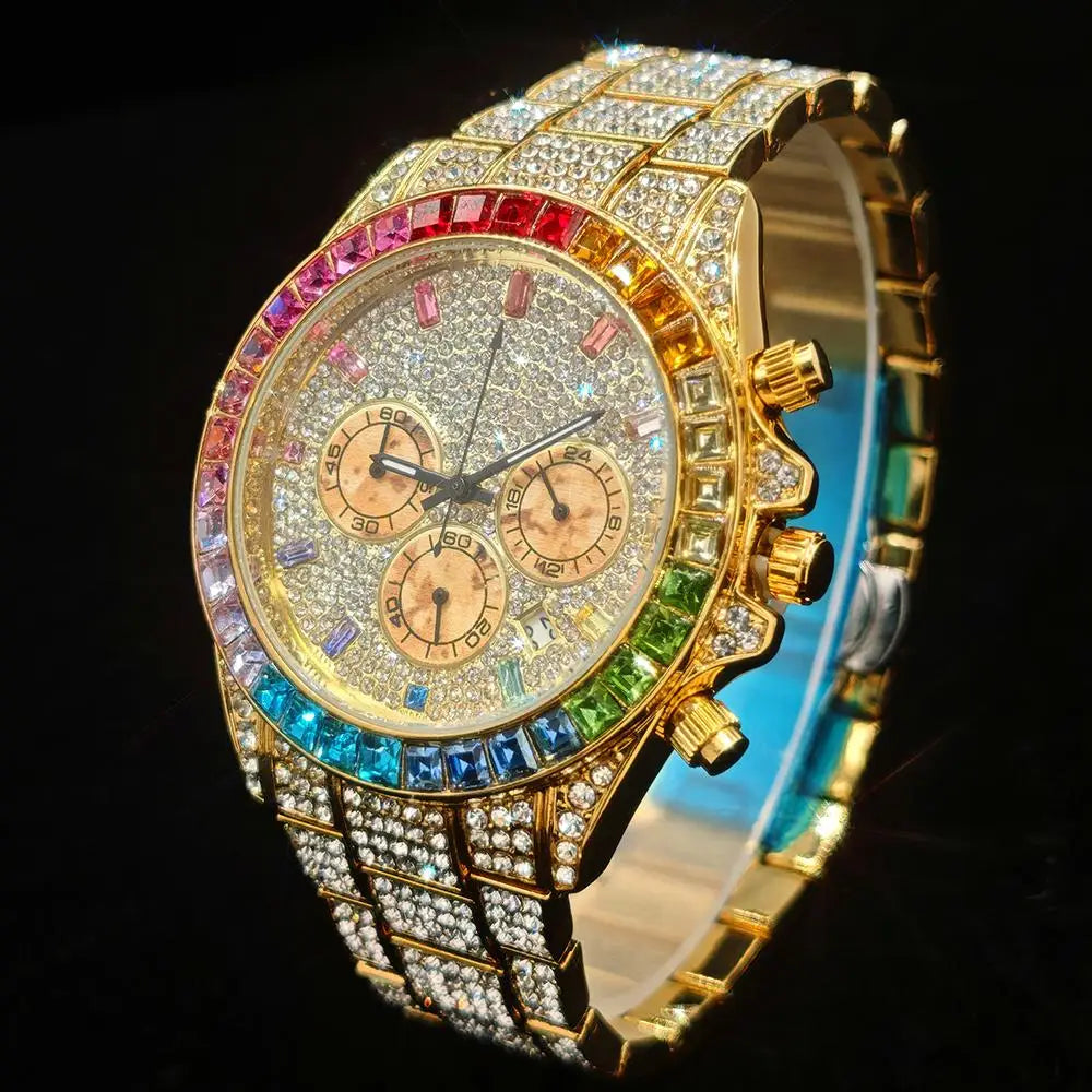 Gold Stainless Steel Watch Rainbow Diamond — Gold | KIMLUD