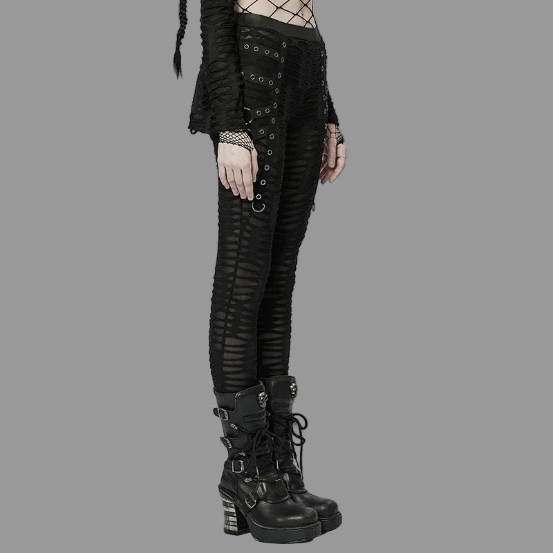 PUNK RAVE Women's Gothic Decayed Slim-fit Leggings Punk Meta Eyelets Webbing Personality Thin Black Pants Spring/summer