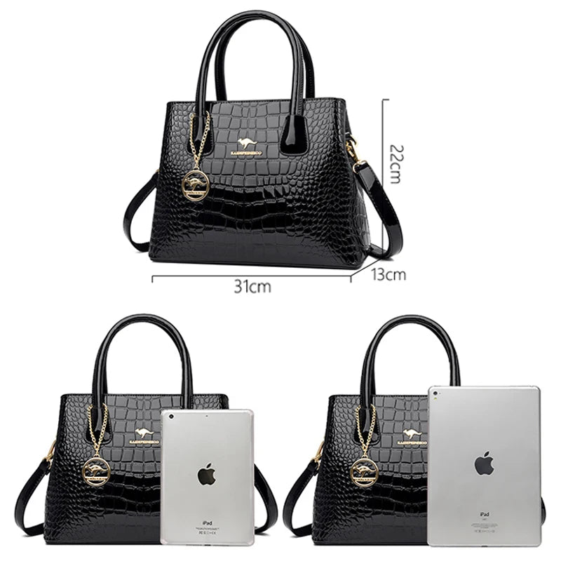 Crocodile Pattern Patent Leather Tote Bag Crossbody Zipper Closure — Black | KIMLUD