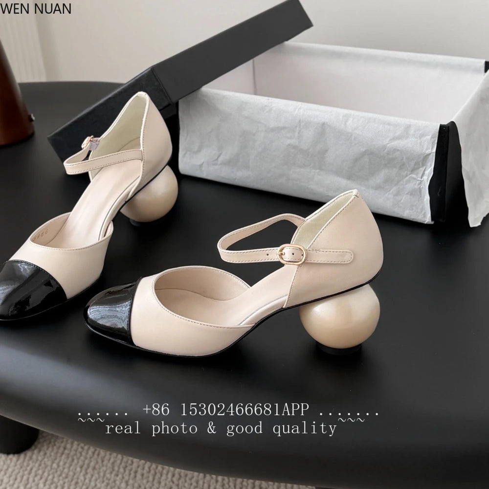 Genuine Leather Mary Jane Sandals With Pearl Heels — Beige-Tan | KIMLUD