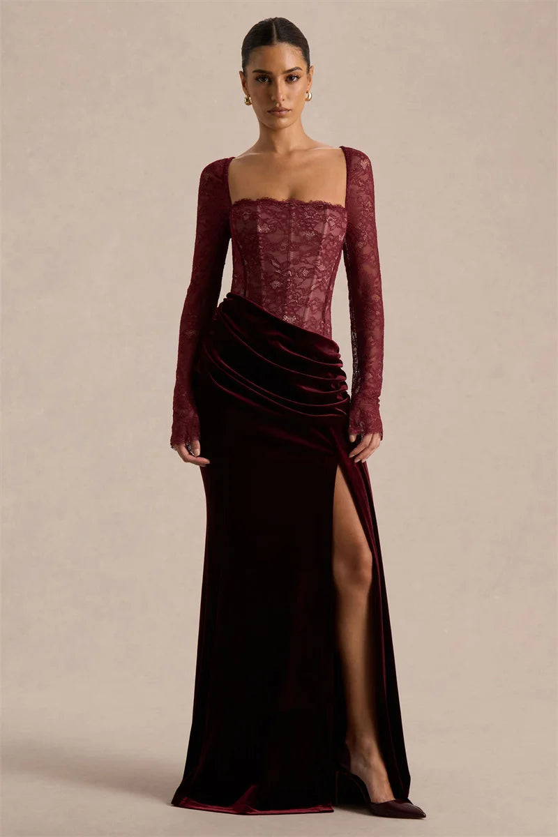 Lace Velvet Maxi Dress Square-Neck See-Through Backless — Black | KIMLUD