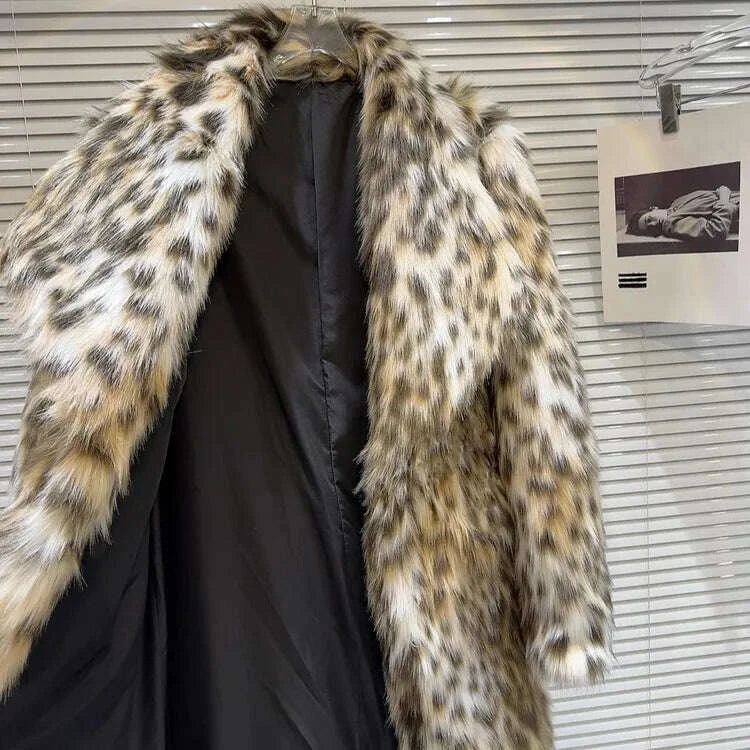 KIMLUD, Women Faux Fur Long Coats Jackets Turn Down Collar Leopard Print Coat Thick Warm Y2k Streetwear Jacket Outerwear Autumn Winter, KIMLUD Womens Clothes