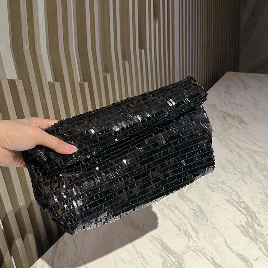 Sequin Embellished Envelope Clutch Bag — Black | KIMLUD