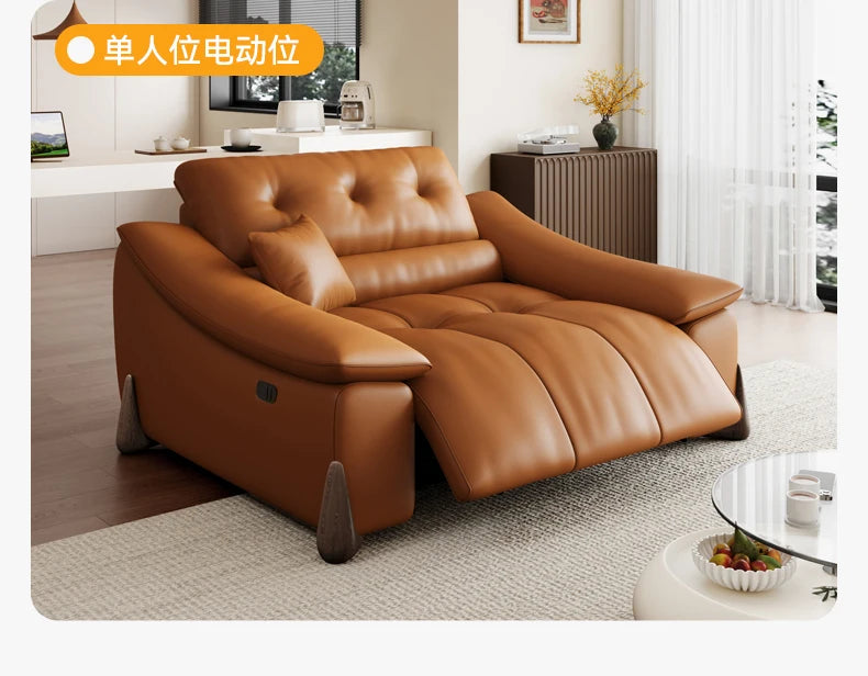 Leather Minimalist Sofa Bed With Hand-Finished First Layer Cowhide And Subtle Italian Hardware — Caramel Brown | KIMLUD