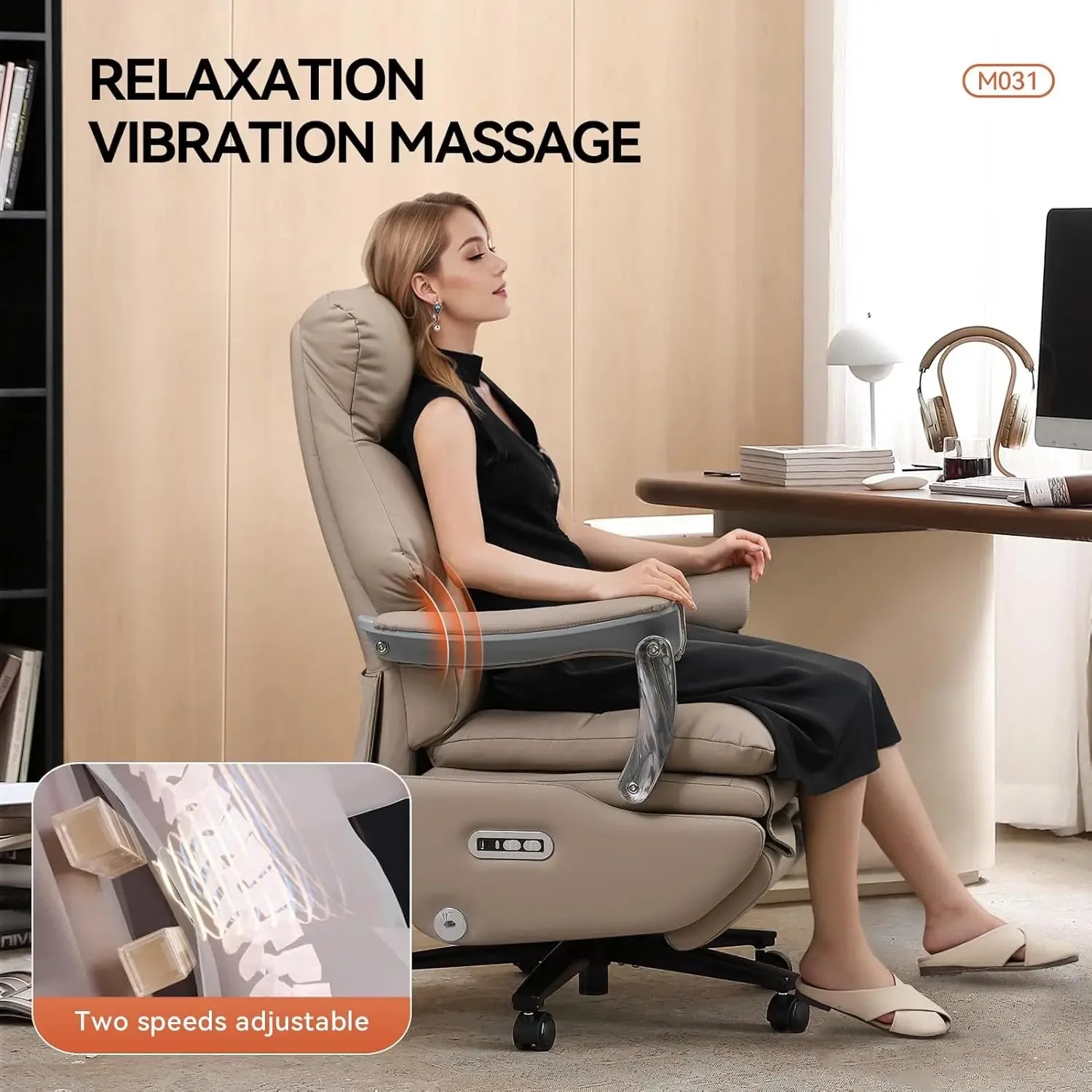 Genuine Leather Executive Office Chair Dual-Motor With Foot Rest — Taupe | KIMLUD