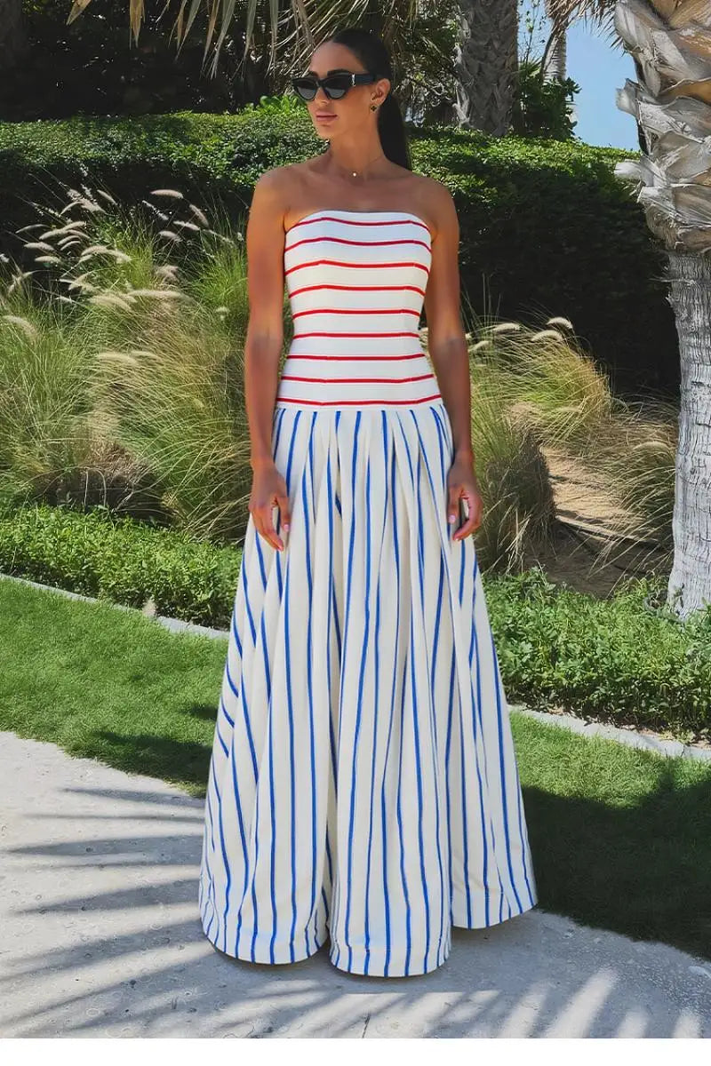 Bandeau Maxi Dress Striped Print Sundress — White | KIMLUD