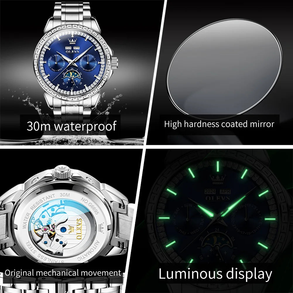 Stainless Steel Moon Phase Watch Luminous Hands — Cobalt Blue | KIMLUD