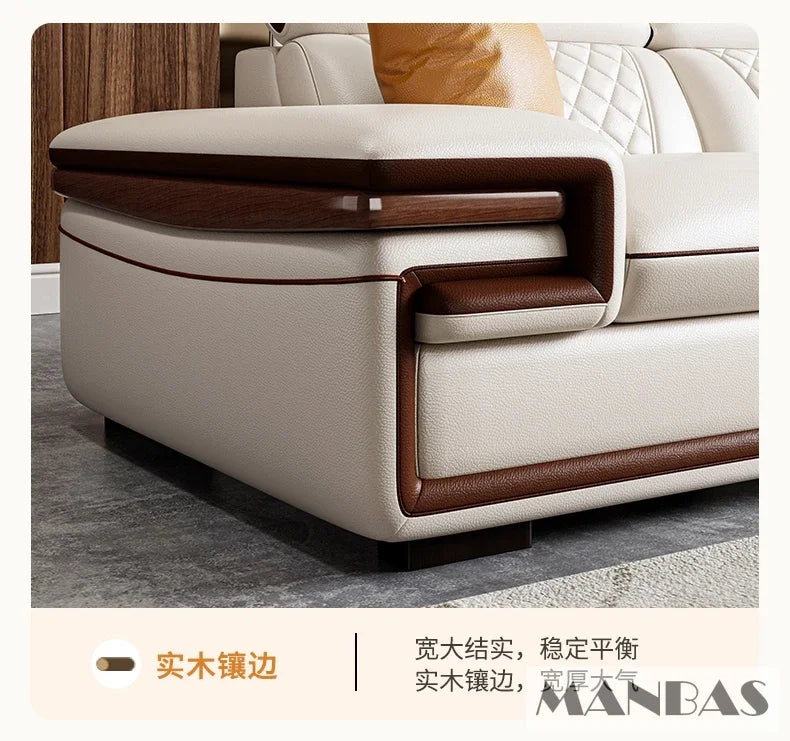 Genuine Italian Leather Sofa Set With Adjustable Headrests — Ivory | KIMLUD