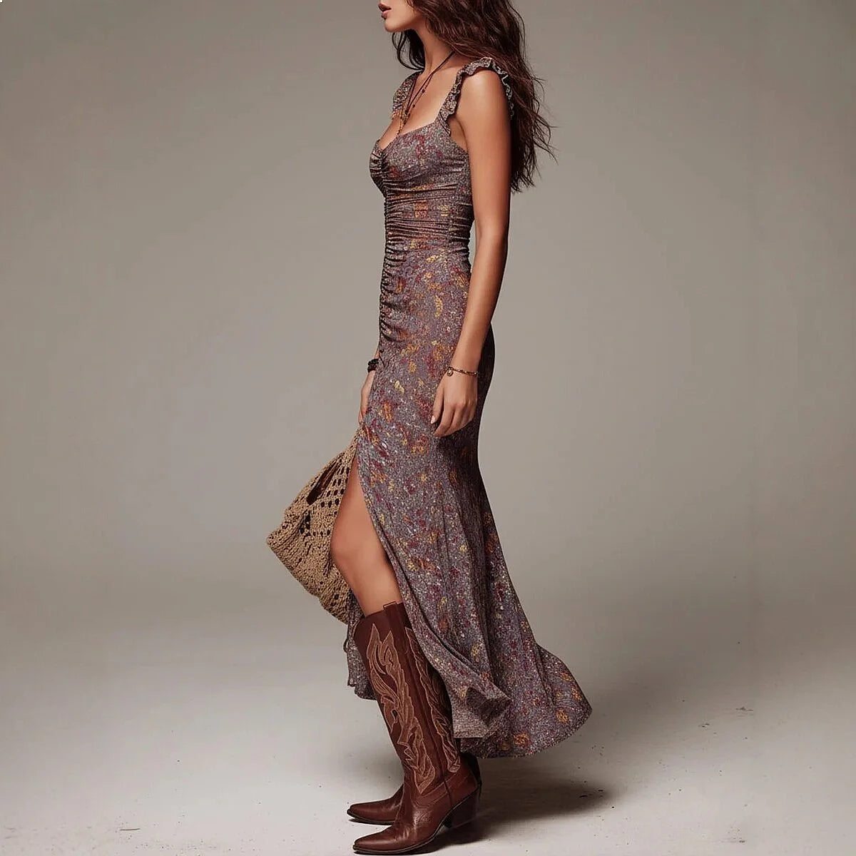 Retro Floral Wrap High Slit Bodycon Dress Boho Elastic Waist Long Dresses Spring Summer