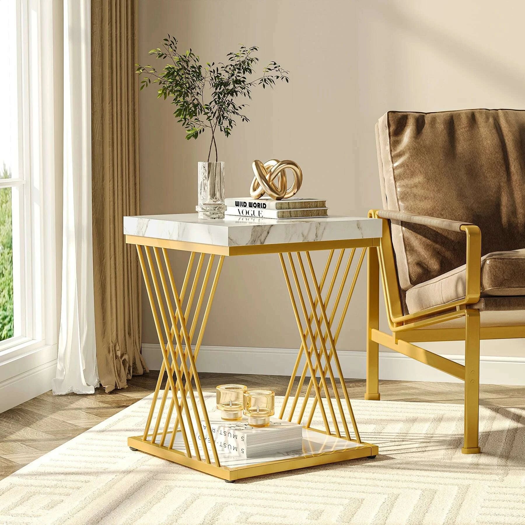KIMLUD, Tribesigns Square Side Table White Gold Side Table Set of 2, 2-Tier End Table Modern Bedside Table Small Side Table, KIMLUD Womens Clothes