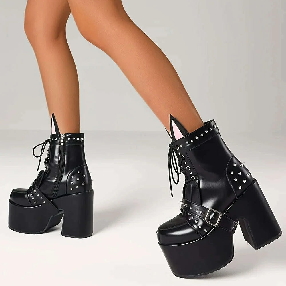KIMLUD, Women's Y2K Goth Ankle Boots Fashion Punk Rivet Buckle Platform Chunky High Heels Cute Ear Decoration Street Cosplay Boots Woman, KIMLUD Womens Clothes
