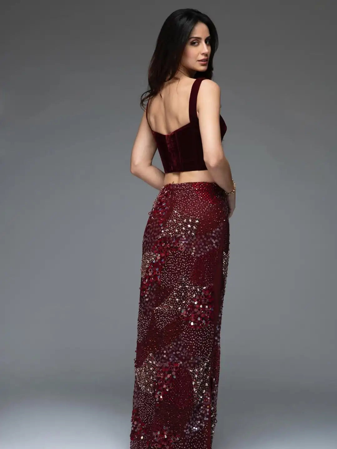 Two-Piece Velvet Corset Dress – Burgundy Mermaid Beaded Skirt | KIMLUD