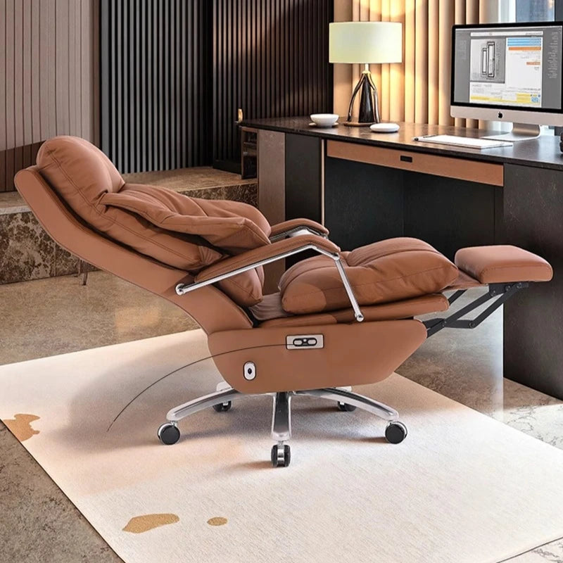 Genuine Leather Massage Chair Swivel Lift Ergonomic Office Chair — Cognac Brown | KIMLUD
