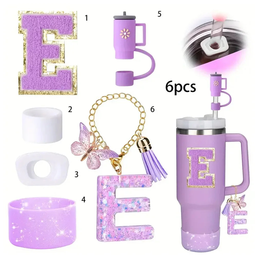 6 in 1 Cup Accessorie Set for Stanley Cup 40oz Tumbler Including Purple Silicone Straw Topper Boot Leak-proof Stopper Decoration