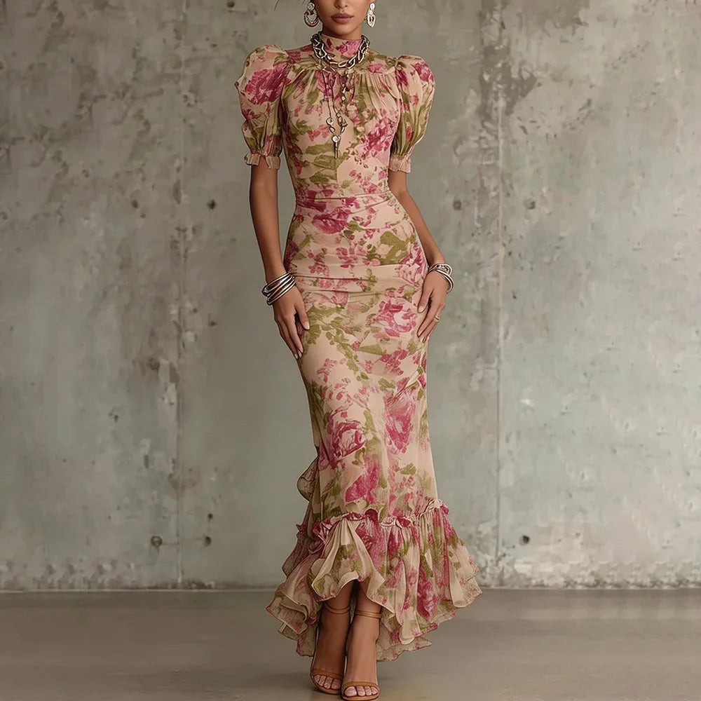 A-Line Floral Polyester Dress Maxi — Beige | KIMLUD
