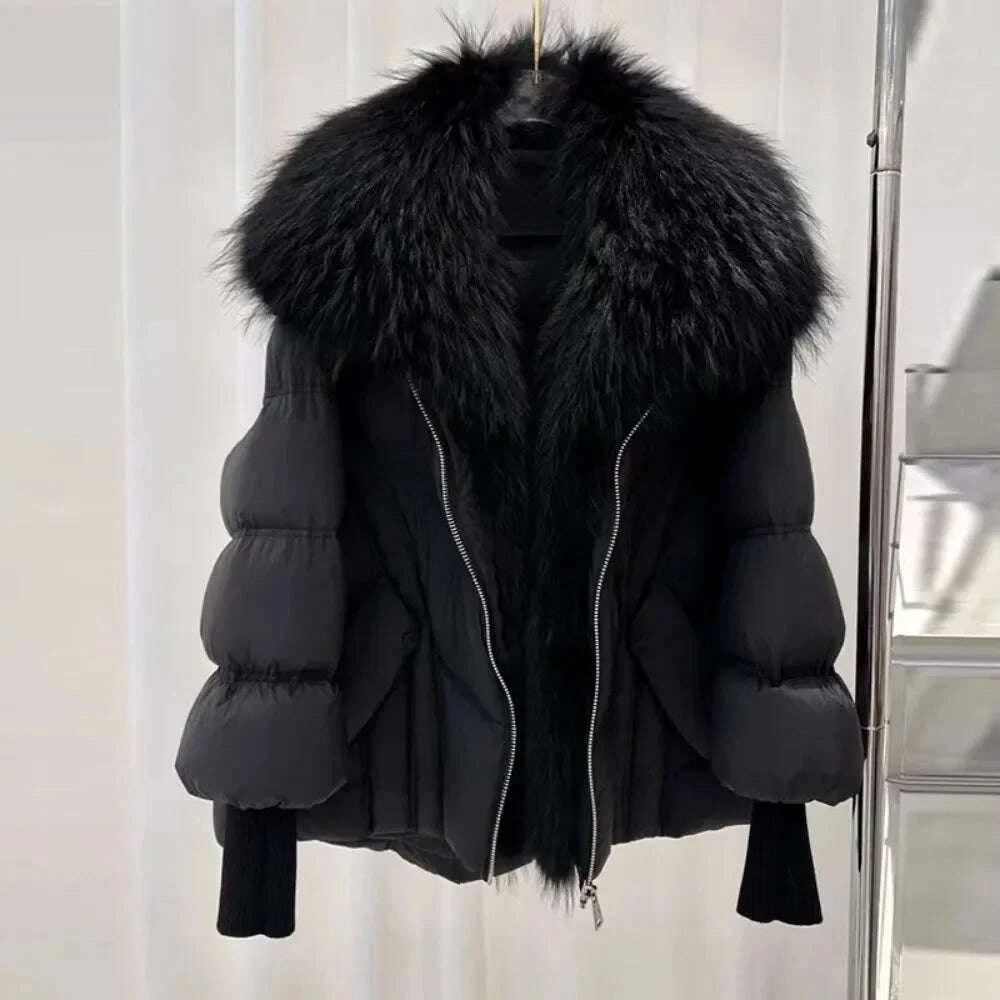KIMLUD, OFTBUY Large Real Raccoon Fur Jacket Knit Sleeve Real Fur New Winter Puffer Jacket Women White Duck Down Coat Oversized Feather, KIMLUD Womens Clothes