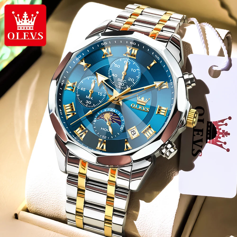 OLEVS 3675 Mens Watch Original Business Brand Quartz Watch Multifunctional Chronograph Waterproof Moon Phase Watch For Man New