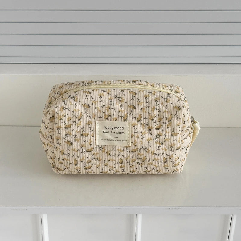 Women's Zipper Cosmetic Bag Organizer Flower Quilting Cotton Makeup Bag Female Cloth Handbag Portable Toiletry Case Girls Travel