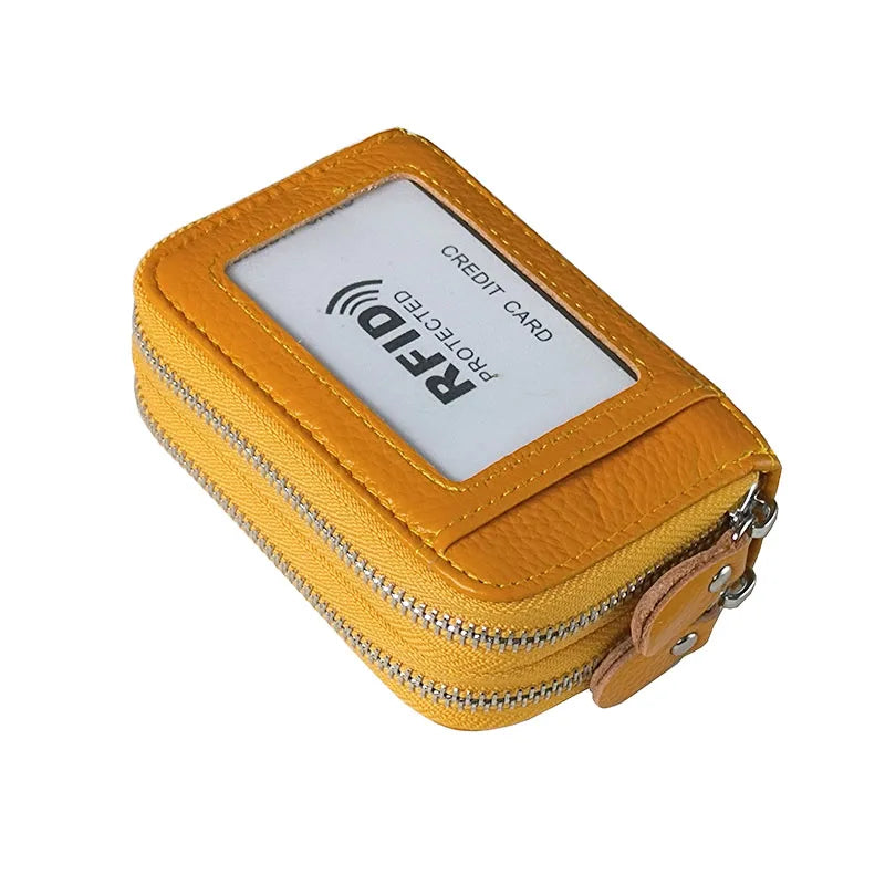 Genuine Leather Wallets RFID Blocking Double Zipper — Black | KIMLUD