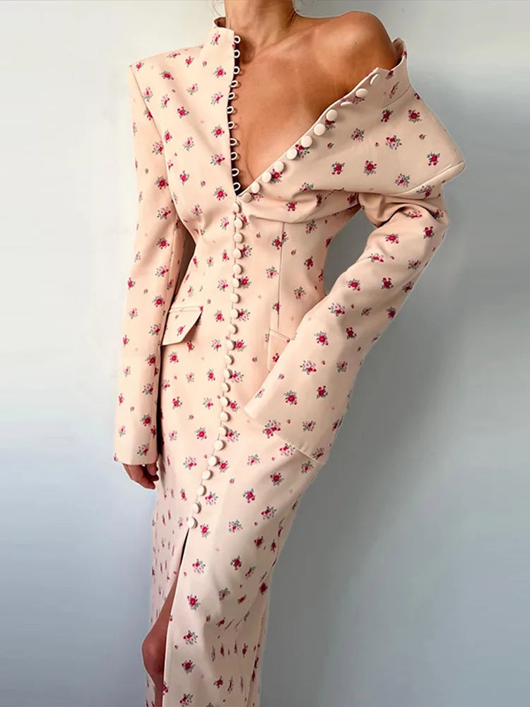 Cotton Elegant Floral Blazer Dress — Beige | KIMLUD