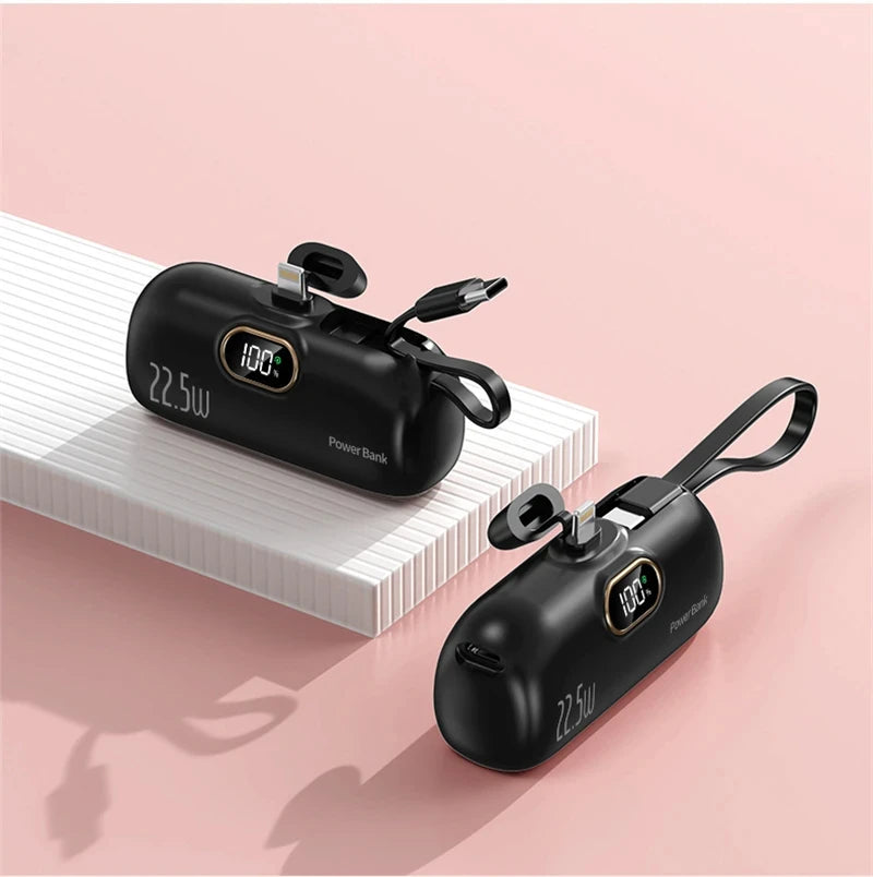 Portable Mini Power Bank Type C Plug Built in Cable 22.5W Fast Charging for iPhone Samsung Xiaomi External Battery