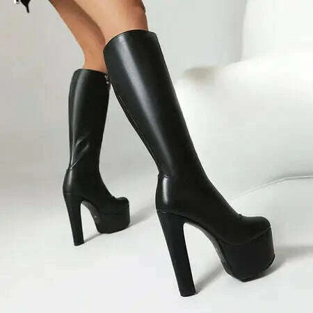 KIMLUD, Black Red White Women Knee High Boots Platform Thick High Heel Ladies Calf Boots PU Leather Square Toe Side Zipper Dress Shoes, KIMLUD Womens Clothes