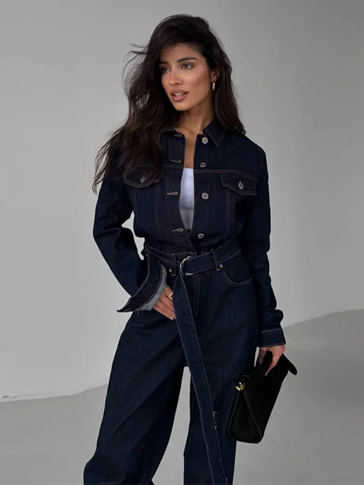 Denim-Inspired Jumpsuit Turn-Down Collar Lace-Up Full Sleeve Wide-Leg — Brown | KIMLUD