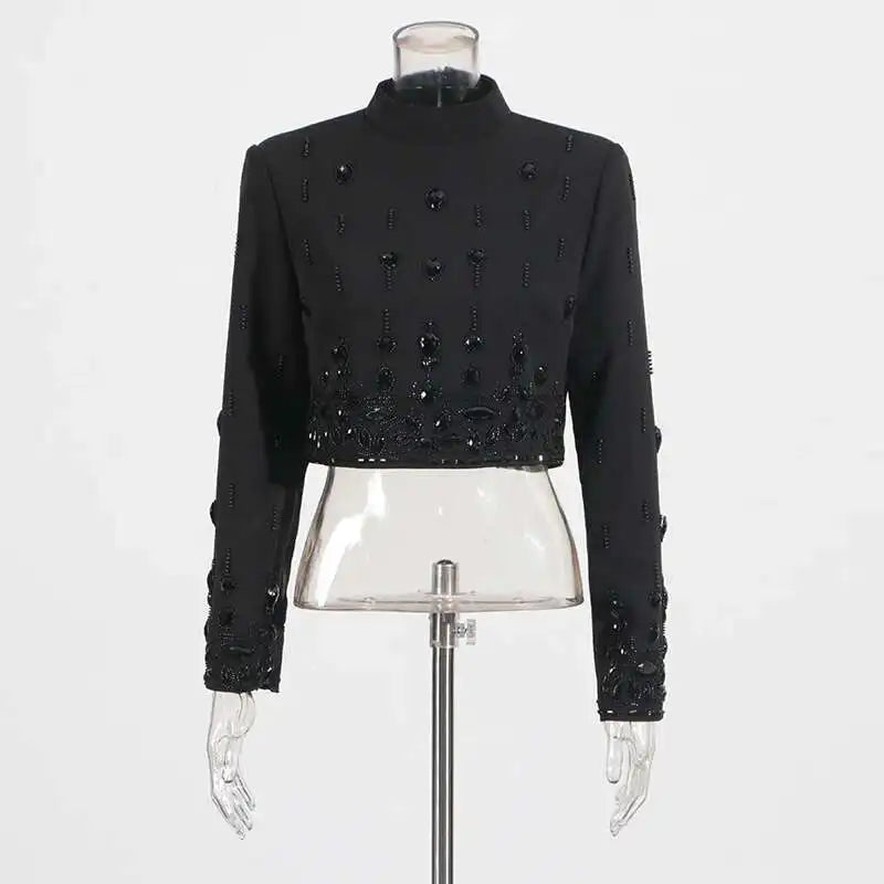 KIMLUD, TWOTWINSTYLE Solid Spliced Diamonds Two Piece Set For Women Stand Collar Long Sleeve Tops High Waist A Line Skirt Set Female New, KIMLUD Womens Clothes