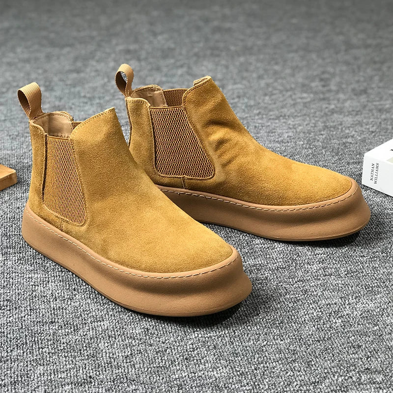 Men Thick Soled Suede Short Boots Retro Autumn Winter Comfortable Fashionable Height Increasing Boots for Casual Young People