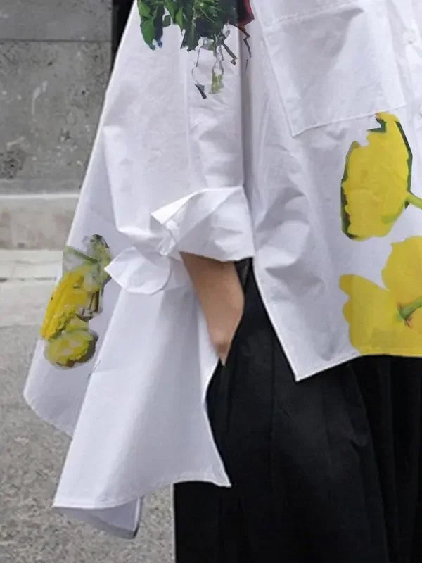 Polyester Spandex Blouse Floral Print With Pockets — White | KIMLUD