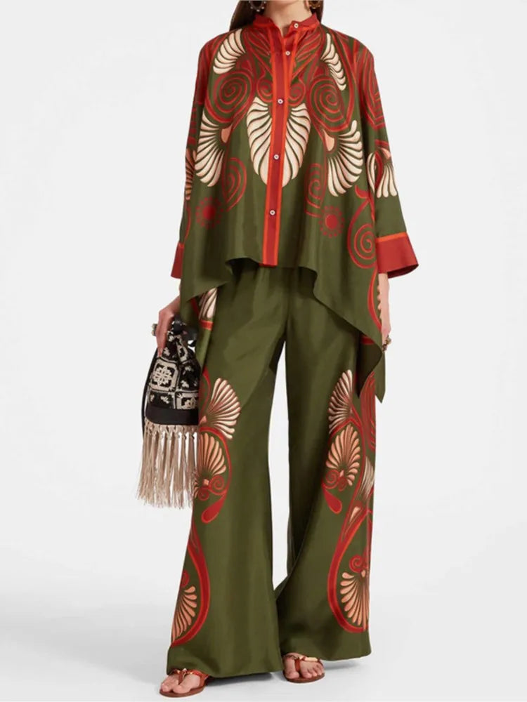 Two Piece Set – Irregular Geometric Print – Wide Leg – | KIMLUD