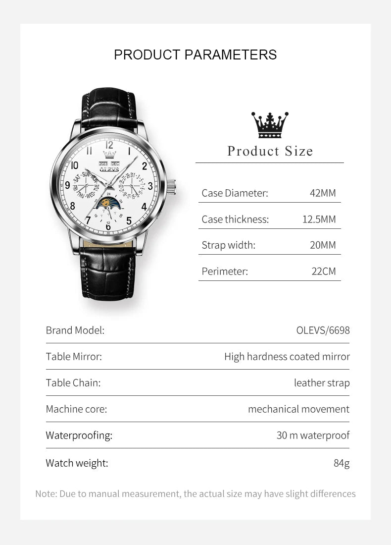 Leather Dress Watch Moon Phase Automatic — Black | KIMLUD
