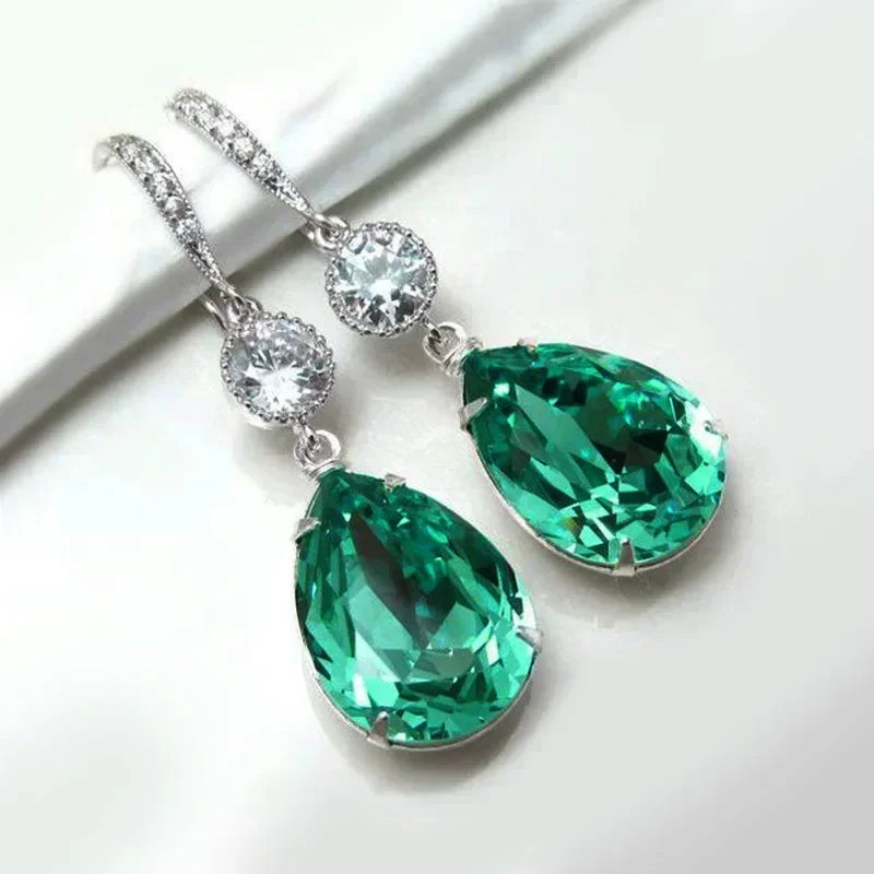 Cubic Zirconia Drop Earrings Water-Drop Inlaid — Emerald | KIMLUD