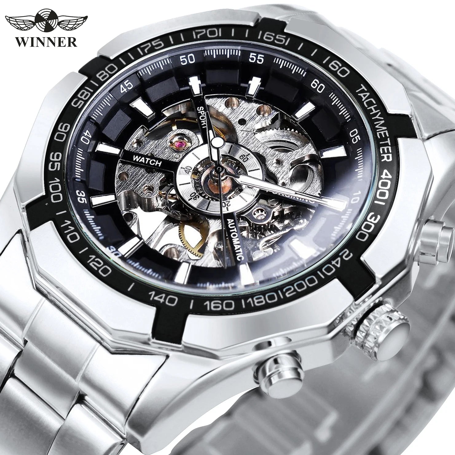 Stainless Steel Skeleton Watch Luminous Hands — Black | KIMLUD