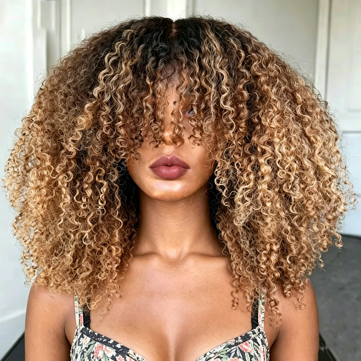 Wig – Afro Kinky Curly – Human Hair – Ombré Brown to Honey Blonde | KIMLUD