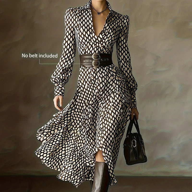 New V Neck Plaid Printed Chic Maxi Dress, Women Spring Autumn Long Sleeve Elegant Party Dress, 2026 Fashion Holiday Ladies Dress