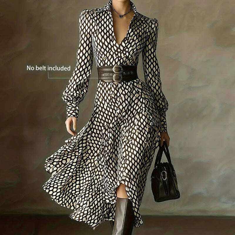 KIMLUD, New V Neck Plaid Printed Chic Maxi Dress, Women Spring Autumn Long Sleeve Elegant Party Dress, 2026 Fashion Holiday Ladies Dress, KIMLUD Womens Clothes