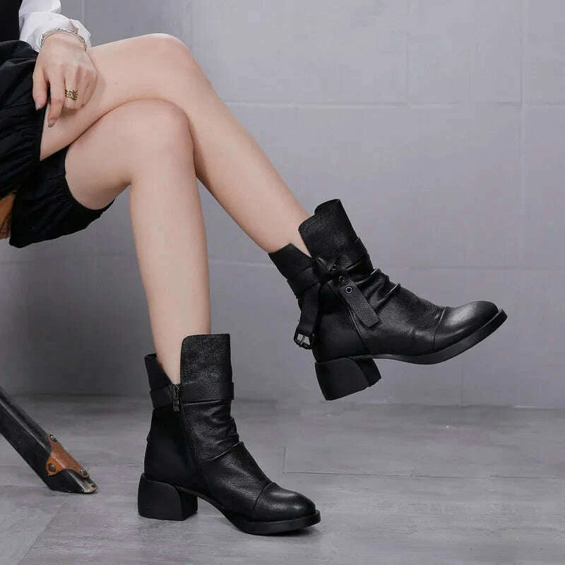 KIMLUD, Careaymade-Genuine Leather Patchwork Ankle Vintage Short Boots Zipper Women Shoes Fashion Round Head Mujer Soft Botas Femininas, KIMLUD Womens Clothes