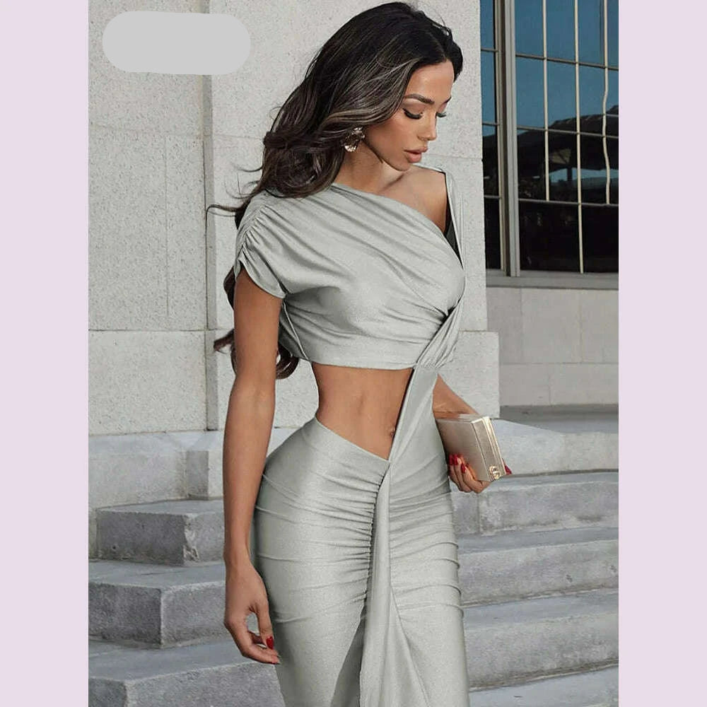 KIMLUD, Elegant Ruched Bodycon Dress - Asymmetric Collar Long Evening Dress, KIMLUD Womens Clothes