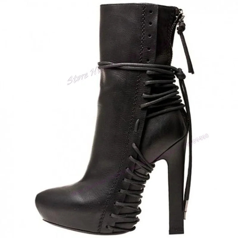 Black Matte Leather Cross Tied Ankle Boots Po inted Toe Shoes for Women Thin High Heels Sexy Lady Shoes 2025 Zapatos Para Mujere