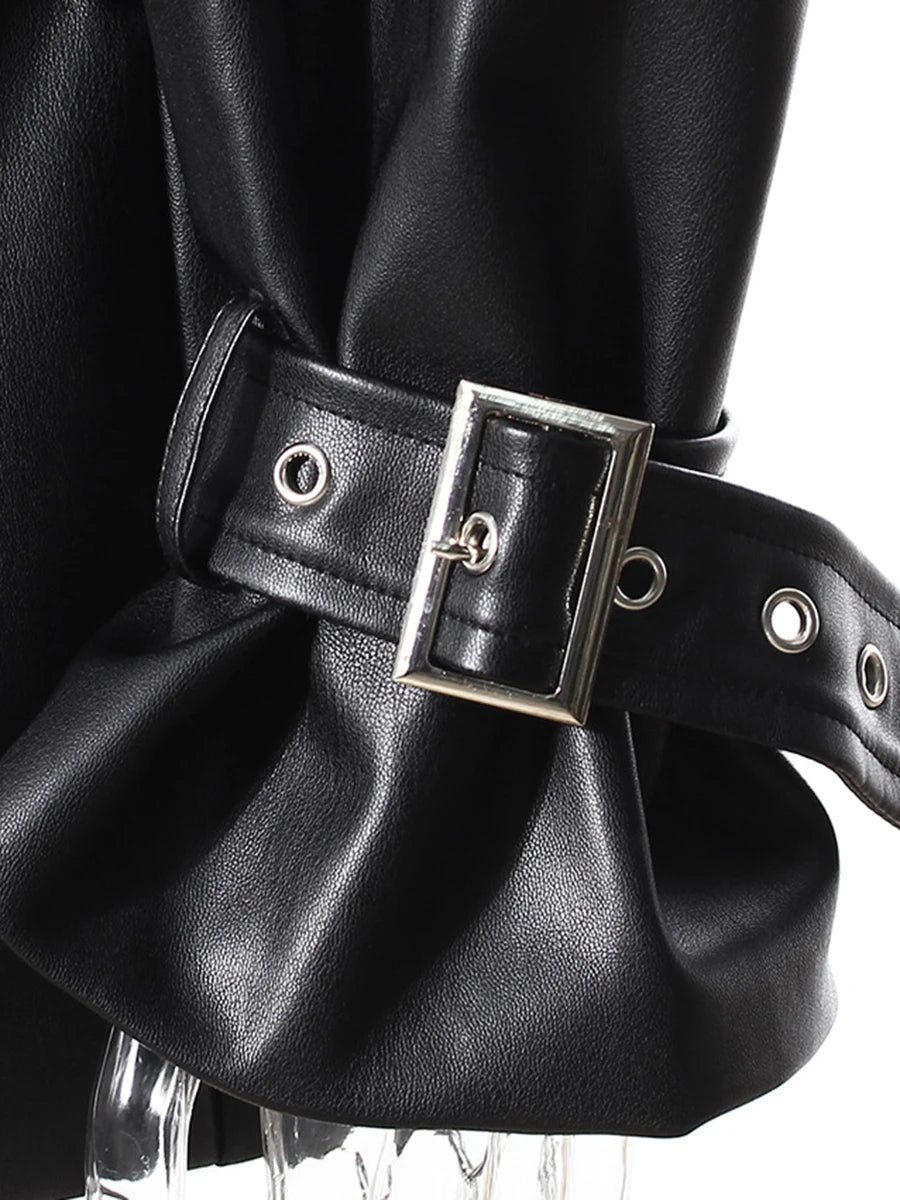 Leather Patchwork Jacket — Lapel Long Sleeve Black | KIMLUD