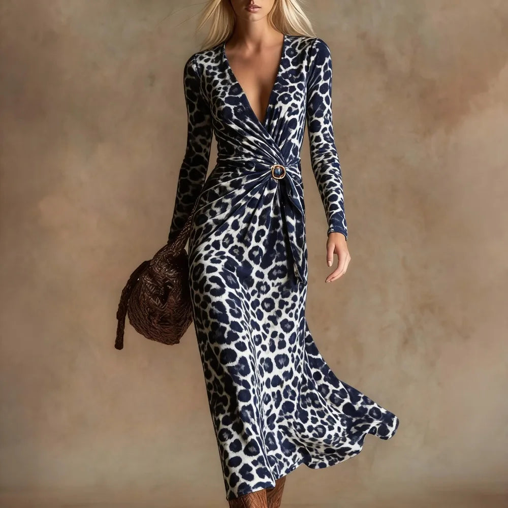 Leopard Print Maxi Dress – Twist Front – Polyester – Leopard | KIMLUD