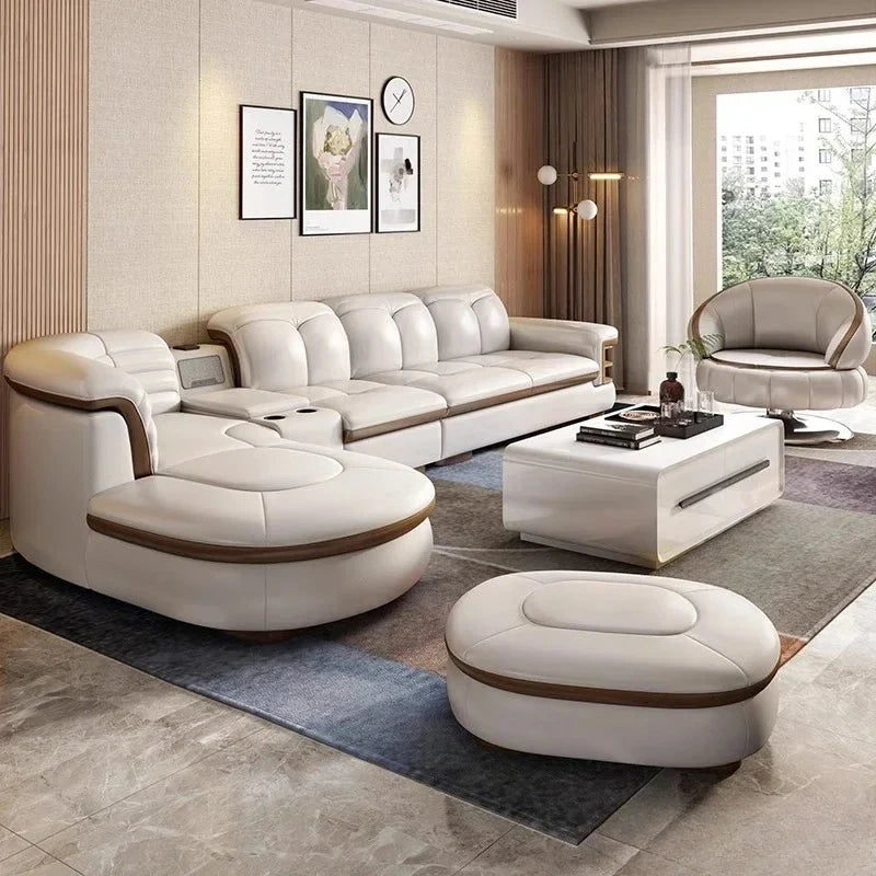 Genuine Leather Solid L-Shaped Sofa — Black | KIMLUD