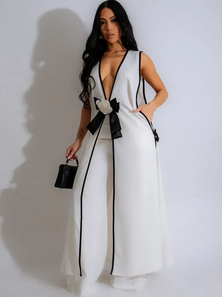 Bow Tie Matching Sets V-Neck Sleeveless Top And Wide-Leg Pants — Black | KIMLUD