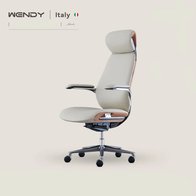 Leather Executive Office Chair With Ergonomic Back Support And Five Star Alloy Base — Cream Beige | KIMLUD