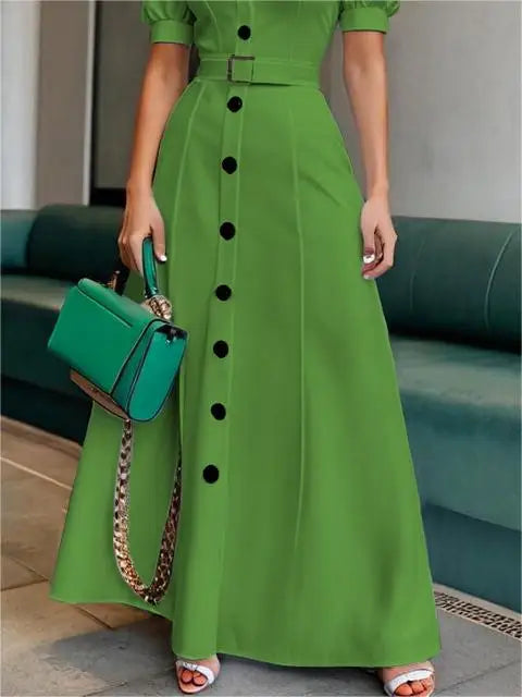 Modigirl 2025 New Womens Summer Shirt Dress with Belt  White Green Short Sleeve Eelegant Long Dresses Clothing for Woman