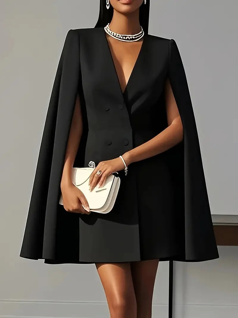 Women's Double Breasted Shawl Cape Suit Dress - Solid Color V-Neck Mini Dress with Open Back Sleeves