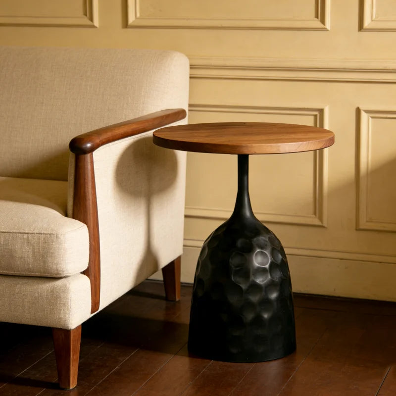 Minimalist Round Solid Wood Coffee Table With Sculptural Matte-Black Base — Black | KIMLUD